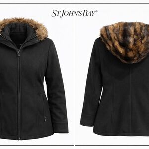 St. John's Bay Women's Black Jacket with Faux Fur Hood